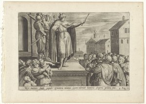 Rechabeam antwoordt het volk Geschiedenis van Jeroboam en Rechabeam (sarjan nimi) The Treasu of the Sacred Histories of the Old Testament (...) (sarjan nimi) tekijältä Hans Collaert (I) (attributed to)