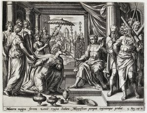 Salomo ontangt de koningin van Seba Geschiedenis van Salomo (sarjan nimi) Kuningas Salomon historia (...) (sarjan nimi) Vanhan testamentin pyhän historian aarre, valittu tämän taiteen erinomaisimpien kuvien avulla tekijältä Hans Collaert (I) (attributed to)