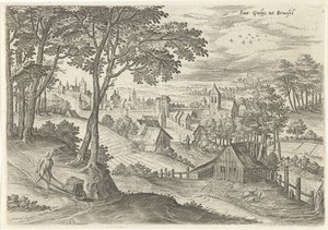 Näkymä Saint-Gillesiin Sint Gielijs Brysseliin (otsikko esineessä) Nähtävyyksiä Brysselin alueelta (sarjan nimi) tekijältä Hans Collaert (I)