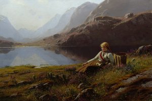 Tyttö Knitting by the Mountain Lake (öljy kankaalle) tekijältä Hans Dahl