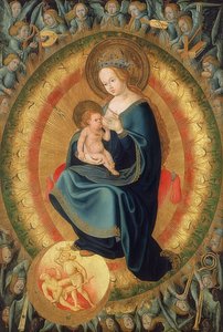 Maria imettää lasta enkelin kirkkaudessa. 1500-10