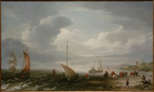 Egmond an Zeen ranta, jossa kalastajat purkavat saaliinsa tekijältä Hans Goderis