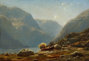 Vuonomaisema ihmisten kanssa soutuveneessä