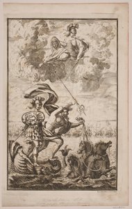 Neptunus ryntää meren yli. Nimisivu Fontenaylle, "Söe-Evolution"; Kööpenhamina 1743 tekijältä Hans Henrich Christian Ulrich