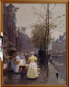 ""Lokakuun aamu Amsterdamin kaduilla"" (An October Morning in Amsterdam) Palvelijat ovat kiireisiä kaduilla. Hans Hermannin (1813-1890) maalaus 1800-luvun alueellinen taidemuseo, Simferopol, Ukraina tekijältä Hans Hermann