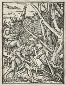 Kuoleman tanssi: Karkotus paratiisista; Adam viljelemässä maata tekijältä Hans Holbein