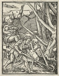 Kuoleman tanssi: Karkotus paratiisista, Adam viljelee maata. tekijältä Hans Holbein