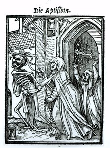 Kuolema ja apottitar, teoksesta "Kuoleman tanssi", kaiverrus Hans Lutzelburger, n. 1538 tekijältä Hans Holbein der Jüngere