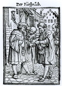 Kuolema ja asianajaja, teoksesta "Kuoleman tanssi", kaiverrus Hans Lutzelburger, n. 1538 tekijältä Hans Holbein der Jüngere