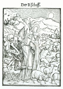 Kuolema ja piispa, teoksesta "Kuoleman tanssi", kaiverrettu Hans Lutzelburgerin toimesta, n. 1538. tekijältä Hans Holbein der Jüngere