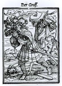 Kuolema ja kreivi, teoksesta "Kuoleman tanssi", kaiverrus Hans Lutzelburger, n. 1538 tekijältä Hans Holbein der Jüngere