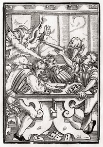 Kuolema ja paholainen tulevat korttisoittimelle, kaiverrettu Georg Scharffenberg, "Der Todten Tanz", julkaistu Basel, 1843 tekijältä Hans Holbein der Jüngere