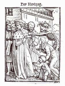Kuolema ja herttua, teoksesta "Kuoleman tanssi", kaiverrus Hans Lutzelburger, n. 1538 tekijältä Hans Holbein der Jüngere