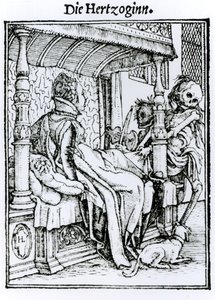 Kuolema ja nainen, teoksesta "Kuoleman tanssi", kaiverrus Hans Lutzelburger, n. 1538 tekijältä Hans Holbein der Jüngere