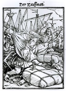 Kuolema ja kauppias, teoksesta "Kuoleman tanssi", kaiverrus Hans Lutzelburger, n. 1538 tekijältä Hans Holbein der Jüngere