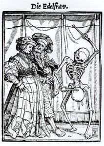 Kuolema ja aatelisnainen, kuvateoksesta "Kuoleman tanssi", kaiverrettu Hans Lutzelburgerin toimesta, noin 1538. tekijältä Hans Holbein der Jüngere