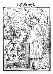 Kuolema ja vanha nainen, teoksesta "Kuoleman tanssi", kaiverrus Hans Lutzelburger, n. 1538 (puupiirros) (bw kuva) tekijältä Hans Holbein der Jüngere