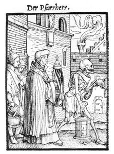 Kuolema ja seurakunnan pappi, teoksesta "Kuoleman tanssi", kaiverrus Hans Lutzelburger, n. 1538 tekijältä Hans Holbein der Jüngere