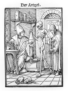 Kuolema ja lääkäri, teoksesta "Kuoleman tanssi", kaiverrus Hans Lutzelburger, n. 1538 tekijältä Hans Holbein der Jüngere