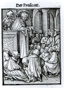 Kuolema ja saarnaaja, teoksesta "Kuoleman tanssi", kaiverrus Hans Lutzelburger, n. 1538 tekijältä Hans Holbein der Jüngere