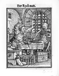 Kuolema ja rikas mies, teoksesta "Kuoleman tanssi", kaiverrus Hans Lutzelburger, n. 1538 tekijältä Hans Holbein der Jüngere