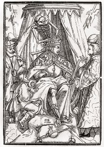Kuolema tulee keisarille, kaiverrus Georg Scharffenberg, "Der Todten Tanz", julkaistu Basel, 1843 tekijältä Hans Holbein der Jüngere