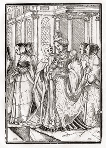Kuolema keisarinnalle, kaiverrus Georg Scharffenberg, "Der Todten Tanz", julkaistu Basel, 1843 (litho) tekijältä Hans Holbein der Jüngere