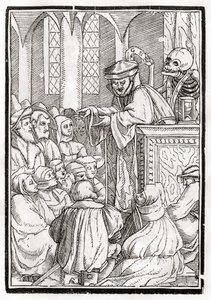 Kuolema tulee saarnaajalle, kaiverrus Georg Scharffenberg, "Der Todten Tanz", julkaistu Basel, 1843 tekijältä Hans Holbein der Jüngere