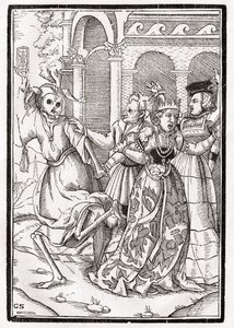 Kuolema tulee kuningattarelle, kaiverrettu Georg Scharffenberg, "Der Todten Tanz", julkaistu Basel, 1843 tekijältä Hans Holbein der Jüngere
