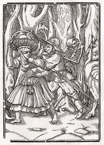 Kuolema tulee rosvolle, "Der Todten Tanz", julkaistu Baselissa, 1843 tekijältä Hans Holbein der Jüngere
