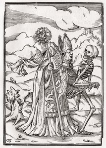 Kuolema piispalle, kaiverrus Georg Scharffenberg, "Der Todten Tanz", julkaistu Basel, 1843 tekijältä Hans Holbein der Jüngere