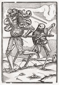 Kuolema tulee ritariin tai kreiviin, "Der Todten Tanz", julkaistu Basel, 1843 tekijältä Hans Holbein der Jüngere