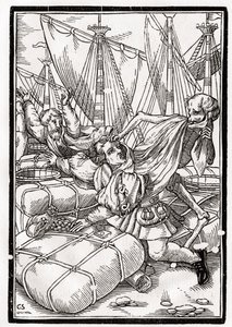 Kuolema tulee kauppiaalle, kaiverrus Georg Scharffenberg, "Der Todten Tanz", julkaistu Basel, 1843 tekijältä Hans Holbein der Jüngere