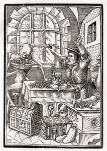 Kuolema tulee miserille tai koronnakijalle, kaivertanut Georg Scharffenberg, "Der Todten Tanz", julkaistu Basel, 1843 tekijältä Hans Holbein der Jüngere