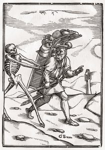 Kuolema tulee Pedlariin, kaivertanut Georg Scharffenberg, "Der Todten Tanz", julkaistu Basel, 1843 tekijältä Hans Holbein der Jüngere
