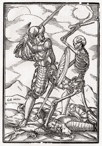 Kuolema tulee sotilaalle, kaiverrus Georg Scharffenberg, "Der Todten Tanz", julkaistu Basel, 1843 tekijältä Hans Holbein der Jüngere