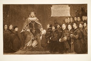 Henrik VIII myöntämässä peruskirjan Barber-Surgeonsille, n. 1543, pub. 1902 (kollotyyppi) tekijältä Hans Holbein der Jüngere