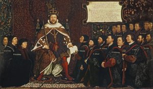 Henrik VIII luovuttaa peruskirjan Thomas Vicarylle, muistoksi parturi- ja kirurgikiltaliiton liittymistä, 1541 tekijältä Hans Holbein der Jüngere