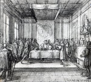 Henrik VIII salakammiossa (kynä, muste ja pesu paperille) tekijältä Hans Holbein der Jüngere