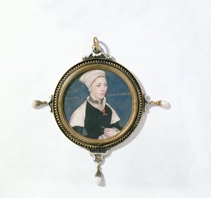 Jane Small, joka tunnettiin aiemmin nimellä Mrs. Robert Pemberton, n. 1540 (pelikorttiin kiinnitetty wc) (yksityiskohta 14732) tekijältä Hans Holbein der Jüngere