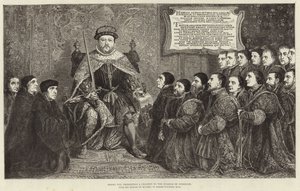 Kuningas Henrik VIII esittelee peruskirjan College of Surgeonsille
