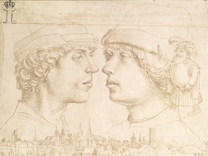 Muotokuvia kahdesta nuoresta, kääpiö ja kaupunkikuva, n. 1514 (hopeapiste) tekijältä Hans Holbein der Jüngere