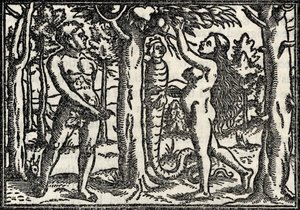 Aadamin ja Eevan lankeemus, Richard Fisherin teoksesta Kaiverrusten, etsausten ja puupiirrosten kokoelma, julkaistu 1879 tekijältä Hans Holbein der Jüngere
