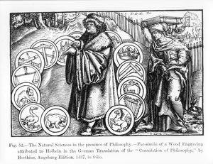 Luonnontieteet filosofian läsnäollessa, Boethiuksen "Filosofian lohdutuksen" saksankielisestä painoksesta vuodelta 1537, kuvitus julkaisusta "Tiede ja kirjallisuus keskiajalla ja Renais" tekijältä Hans Holbein der Jüngere