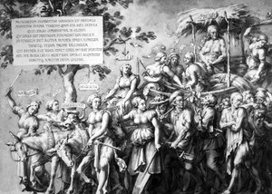 Köyhyyden voitto, Jan de Bisschopin piirros, noin 1650 (kynä, muste ja pesu paperille). tekijältä Hans Holbein der Jüngere