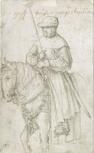 Keisari Maximilian I matkapuvussa hevosen selässä tekijältä Hans Holbein the Elder