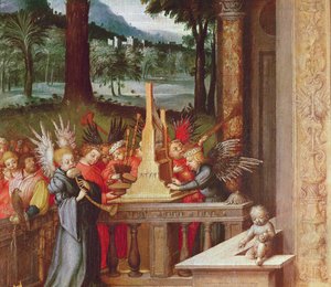Neitsyt, lapsi ja pyhät yksityiskohta enkeleistä soittamassa urkuja, 1519 öljy tammella