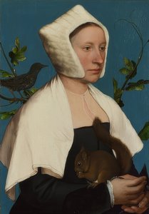 Nainen ja orava ja kottarainen (Anne Lovell?). Noin 1526-28 tekijältä Hans Holbein der Jüngere