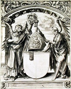 Suunnittelu lasimaalaukseen, n. 1520 (kynä ja harmaa pesu mustalla liidulla paperille) tekijältä Hans Holbein der Jüngere