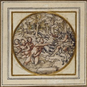 Diana ja Actaeon - Suunnittelu riipukseen tai hattumerkkiin, n. 1532-43 (kynä ja muste paperille) tekijältä Hans Holbein der Jüngere